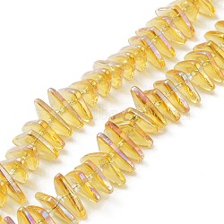 Electroplate Transparent Glass Beads Strands, Rainbow Plated, Triangle, Yellow, 9x15.5~16mm, Hole: 1mm, about 120pcs/strand, 24.57~25.67''(62.4~65.2cm)(EGLA-R114-01E)
