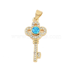 Brass Micro Pave Cubic Zirconia Pendants, Key Charms, with Synthetic Opal, Long-Lasting Plated, Rack Plating, Lead Free & Cadmium Free, Real 18K Gold Plated, Flower, 27.5x13x3mm, Hole: 4.5x3mm(KK-I723-49D-G)