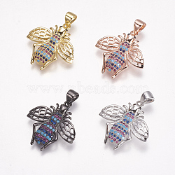 Brass Micro Pave Cubic Zirconia Pendants, Bees, Mixed Color, 22x20.5x4mm, Hole: 3x4mm(ZIRC-A009-06)