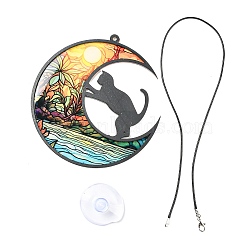 Opaque Acrylic Big Pendants, Leather Strap with Plastic Accessories, Moon with Cat, Colorful, 127x120x3.5mm, Hole: 4mm(MACR-D084-01C)