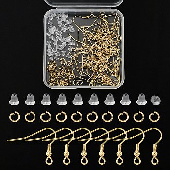 50Pcs 304 Stainless Steel Earring Hooks, French Hooks with Coil and Ball, with 50Pcs Open Jump Rings & 50Pcs Plastic Ear Nuts, Golden, 20~21x24~26x3mm, Hole: 2mm, 20 Gauge, Pin: 0.8mm