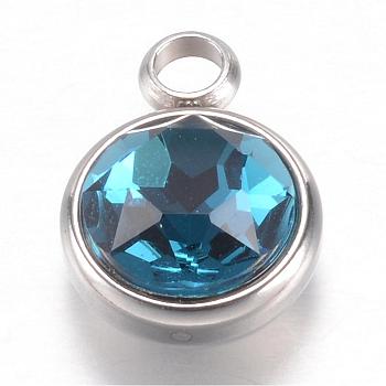 304 Stainless Steel Glass Rhinestone Charms, December Birthstone Charms, Faceted, Flat Round, Blue, 14x10x7mm, Hole: 2.5mm