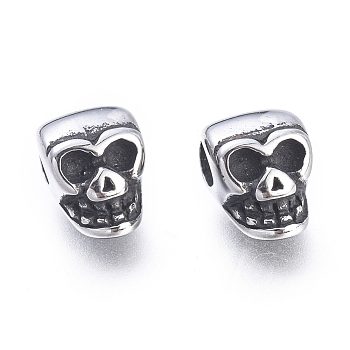 Halloween 304 Stainless Steel Beads, Skull Head, Antique Silver, 6x5x8.5mm, Hole: 2.8mm
