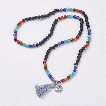 Natural Gemstone Beads Necklaces, with Polyester Tassel and Alloy Findings, 25.9 inch(66cm)