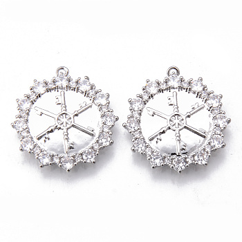 Brass Micro Pave Clear Cubic Zirconia Pendants, Nickel Free, Flower with Key Pattern, Platinum, 25x23x2mm, Hole: 1mm