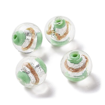 Handmade Silver Foil Lampwork Beads, with Gold Sand, Round, Light Green, 12x11mm, Hole: 1.8mm