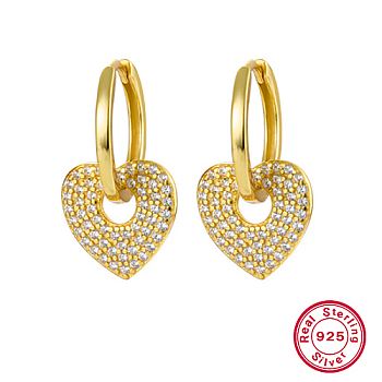 925 Sterling Silver Micro Pave Cubic Zirconia Dangle Hoop Earrings, Heart, Real 18K Gold Plated, 11.50mm