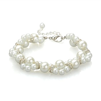 Fashionable Glass Pearl Beads Bracelets, with Iron Rhinestone Beads and Alloy Lobster Claw Clasps, Wedding Bracelets, White, 205mm