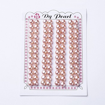 Natural Cultured Freshwater Pearl Beads, Half Drilled, Round, Misty Rose, 6.8~7x5.5~6mm, Hole: 1mm