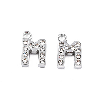 304 Stainless Steel Charms, with Crystal Rhinestone, Letter, Letter.M, 10~10.5x2~8x2mm, Hole: 1.2mm