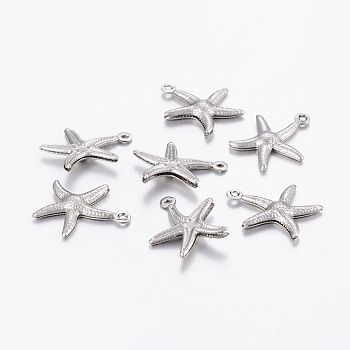 Tarnish Resistant 304 Stainless Steel Pendants, Starfish/Sea Stars, Stainless Steel Color, 17.5x15.5x2mm, Hole: 1mm