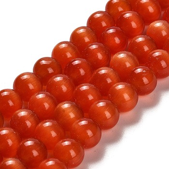 Cat Eye Beads, Round, Orange Red, 10mm, Hole: 0.8mm, about 39pcs/strand, 15 inch