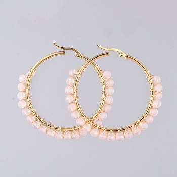 Beaded Hoop Earrings, with Natural Rose Quartz Beads, Golden Plated 304 Stainless Steel Hoop Earrings and Cardboard Packing Box, 50mm, Pin: 0.6x1mm