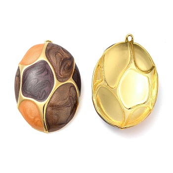 Enamel Pendants, with 304 Stainless Steel Finding, Real 18K Gold Plated, Oval Charm, Coconut Brown, 32.5x21.5x5.8mm, Hole: 1.2mm
