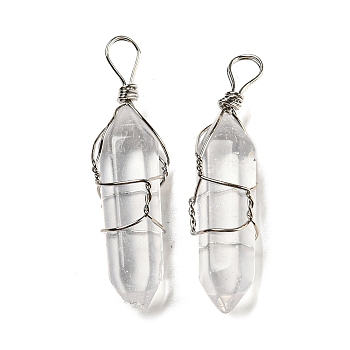 Natural Quartz Crystal Double Terminal Pointed Pendants, Rock Crystal Faceted Bullet Charms with Platinum Plated Iron Wire Wrapped, 42~46x10x13mm, Hole: 6~7x4.5~5.5mm