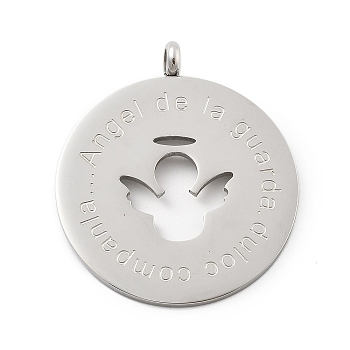 304 Stainless Steel Pendants, Hollow Flat Round with Angel Charm, Stainless Steel Color, 35x30x1.5mm, Hole: 3mm