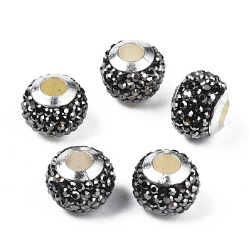 Handmade Polymer Clay Rhinestone European Beads, with Silver Tone CCB Plastic Double Cores, Large Hole Beads, Rondelle, Jet Hematite, 12.5~13x10mm, Hole: 4.5mm