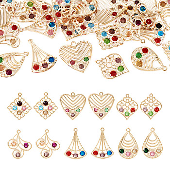 24Pcs 6 Style Iron with Glass Pendants, Hollow Charm, Mixed Shape, Mixed Color, 30~34.5x22~30x5~5.5mm, Hole: 1.6~2mm, 4pcs/style