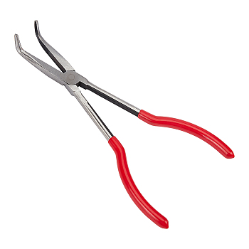 High Carbon Steel Bent Needle Nose Pliers, Long Reach 90 Degree Angle, Serrated Jaw, with Rubber Handle, Red, 26x6.2x4.7cm