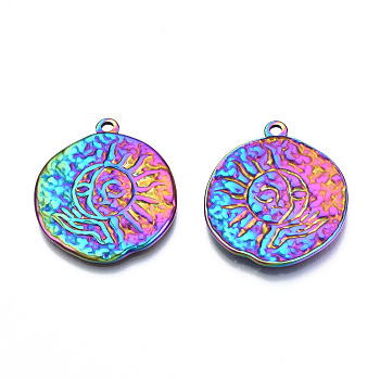 Ion Plating(IP) 201 Stainless Steel Pendants, Flat Round with Sun, Rainbow Color, 29x26x2mm, Hole: 1.8mm