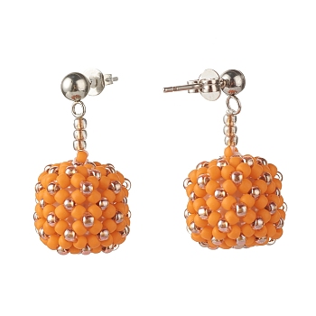 TOHO Japanese Seed Beads Dangle Stud Earrings, with Brass Ear Nuts, Dark Orange, 28mm, Pin: 0.8mm