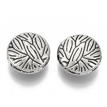 Tibetan Style Alloy Beads, Cadmium Free & Lead Free, Flat Round with Leaf, Antique Silver, 10x4.5mm, Hole: 1.2mm, about 730pcs/1000g