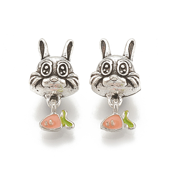 Alloy European Bunny Dangle Charms, Large Hole Pendants, with Enamel, Rabbit with Carrot Charms, Light Salmon, Antique Silver, 20mm, Hole: 4.5mm, 7x7mm