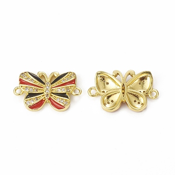 Brass Micro Pave Cubic Zirconia Connector Charms, Enamel Style, Butterfly, Golden, Red, 13.5x22.5x3mm, Hole: 1.5mm