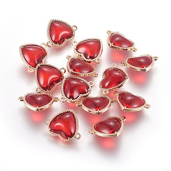 Glass Links connectors, with Eco-Friendly Alloy Findings, Heart, Light Gold, Red, 14x18.5x7mm, Hole: 1.2mm
