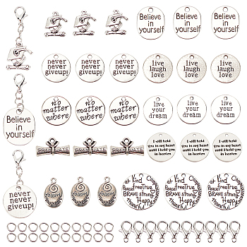 SUNNYCLUE DIY Encouragement Themed Pendant Making Kits, Including Mixed Shape & Word Alloy Pendants & Lobster Claw Clasps, Iron Jump Rings, Antique Silver & Platinum, Pendants: 40pcs/box