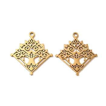 Ion Plating(IP) 304 Stainless Steel Pendant, Rhombus with Tree Charm, Real 18K Gold Plated, 33.5x30x1mm, Hole: 2.5mm