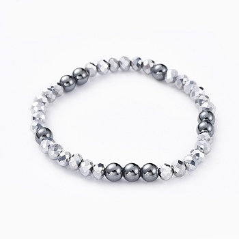 Faceted Rondelle Electroplate Glass Stretch Bracelets, with Round Non-Magnetic Synthetic Hematite Beads, Platinum Plated, 2-1/8 inch(5.5cm)
