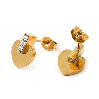 Vacuum Plating 304 Stainless Steel Heart Stud Earrings with Rhinestone(STAS-D089-17G)-2