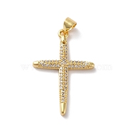 Rack Plating Brass Micro Pave Cubic Zirconia Pendants, Cadmium Free & Lead Free, Real 18K Gold Plated, Cross, Clear, 30x20x2.5mm, Hole: 4x3mm(KK-A160-17G)