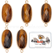 5Pcs Natural Tiger Eye Connector Charms, with Light Gold Plated Edge Brass Loops, Faceted Oval Links, 27x11x5.5mm, Hole: 2mm(G-BBC0001-35C)