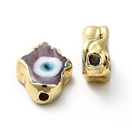 Handmade Evil Eye Lampwork Beads, with Golden Plated  Brass Edge, Long-Lasting Plated, Hamsa Hand, Medium Purple, 15~17x11.5~12.5x5~5.5mm, Hole: 1.8mm(LAMP-F026-03I)