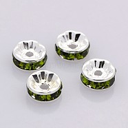 Brass Rhinestone Spacer Beads, Grade A, Straight Flange, Silver Color Plated, Rondelle, Olivine, 8x3.8mm, Hole: 1.5mm(RB-A014-Z8mm-09S)