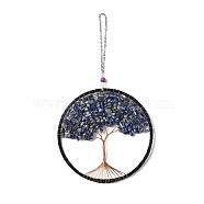 Wire Wrapped Chips Natural Lapis Lazuli Big Pendant Decorations, with Iron Chains and Imitation Leather Rope, Flat Round with Tree of Life, 295mm(HJEW-A005-07A)