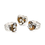 Natural Tiger Eye Adjustable Rings, Platinum Tone Heart with Flower Brass Rings for Women, Cadmium Free & Lead Free, US Size 6 3/4(17.1mm), 4.5~9mm(RJEW-P043-03P-16)