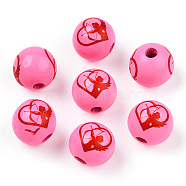 Spray Painted Wood Beads, Printed Beads, Round, Hot Pink, 15~16x14~15mm, Hole: 3~4mm(WOOD-N015-01-05)