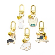 Enamel Dog Brass Bell Pendant Decorations, Alloy Swivel Clasps Charms, for Keychain, Purse, Backpack Ornament, Mixed Color, 56~63mm, 5 styles, 1pc/style, 5pcs/set(HJEW-JM00810)