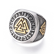 304 Stainless Steel Signet Rings for Men, Wide Band Rings, Viking Valknut Symbol, Antique Silver & Antique Golden, Size 7~12, 17~22mm(RJEW-D073-09-ASG)