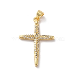 Rack Plating Brass Micro Pave Cubic Zirconia Pendants, Cadmium Free & Lead Free, Real 18K Gold Plated, Cross, Clear, 30x20x2.5mm, Hole: 4x3mm(KK-A160-17G)