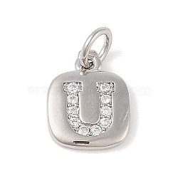 Rack Plating Brass Micro Pave CLear Cubic Zirconia Charms, with Jump Rings, Cadmium Free & Lead Free, Long-Lasting Plated, Platinum, Letter U, 11.5x9x1.5mm, Hole: 2.8mm(KK-E110-14P-U)