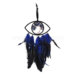 Iron Woven Web/Net with Feather Pendant Decorations, Covered with Leather, Eye with Lapis Lazuli Chip Tree of Life, Blue, 350x190mm(PW-WG26336-01)