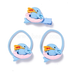 Hair Accessories Set, Elastic Hair Ties & Carbon Steel Alligator Hair Clips, with Resin Findings, Dolphin, Sky Blue, 2.5mm, Inner Diameter: 31mm, 3pcs/set(OHAR-Z003-05B)