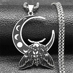 304 Stainless Steel Crescent Moon with Moth Pendant Box Chain Necklaces, Stainless Steel Color, 19.69 inch(50cm)(STAS-D196-01P)