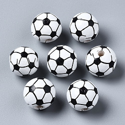 Painted Natural Wood European Beads, Large Hole Beads, Printed, Football, White, 16x15mm, Hole: 4mm(WOOD-S057-050)