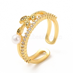 Clear Cubic Zirconia Leaf Open Cuff Ring with Plastic Pearl Beaded, Brass Jewelry for Women, Cadmium Free & Lead Free, Real 18K Gold Plated, Inner Diameter: 18mm(RJEW-I095-02G)