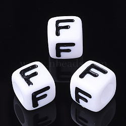 Acrylic Horizontal Hole Letter Beads, Cube, White, Letter F, Size: about 7mm wide, 7mm long, 7mm high, hole: 3.5mm, about 200pcs/50g(X-PL37C9129-F)